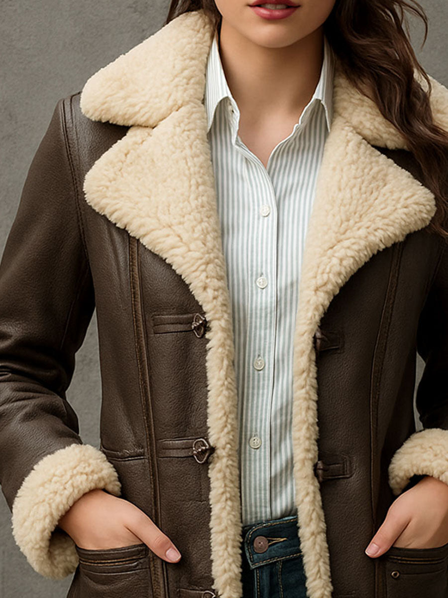 Lapel Brown Eco Leather Fleece Lined Mid-Length Coat With Pockets