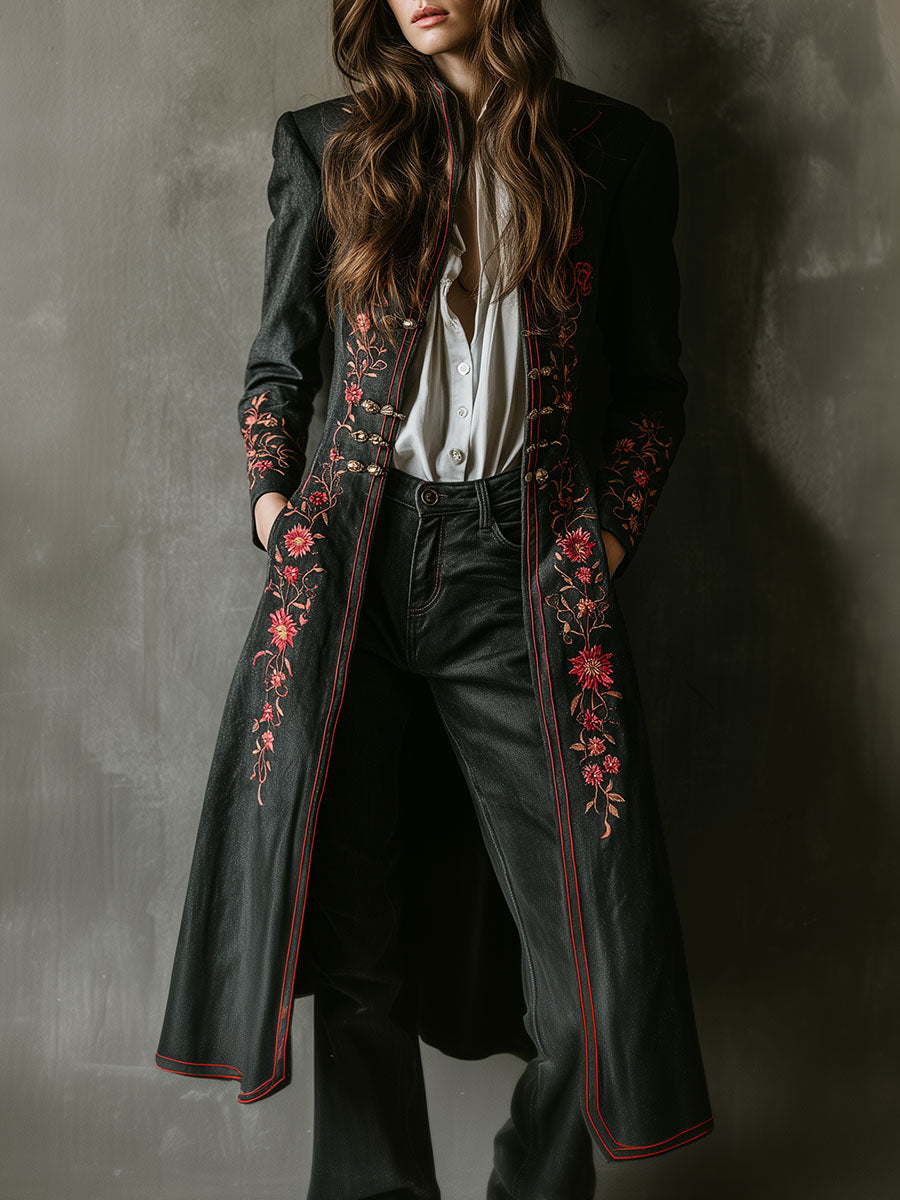 Retro Boho Floral Embroidered Black Long Coat
