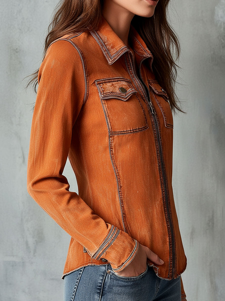 Vintage Burnt Orange Utility Zip Denim Jacket