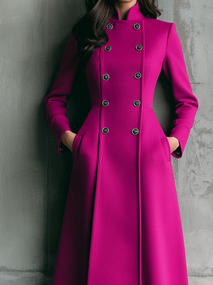 High Collar Hot Pink Double-Breasted Wool Blend Midi Coat With Side Pocket