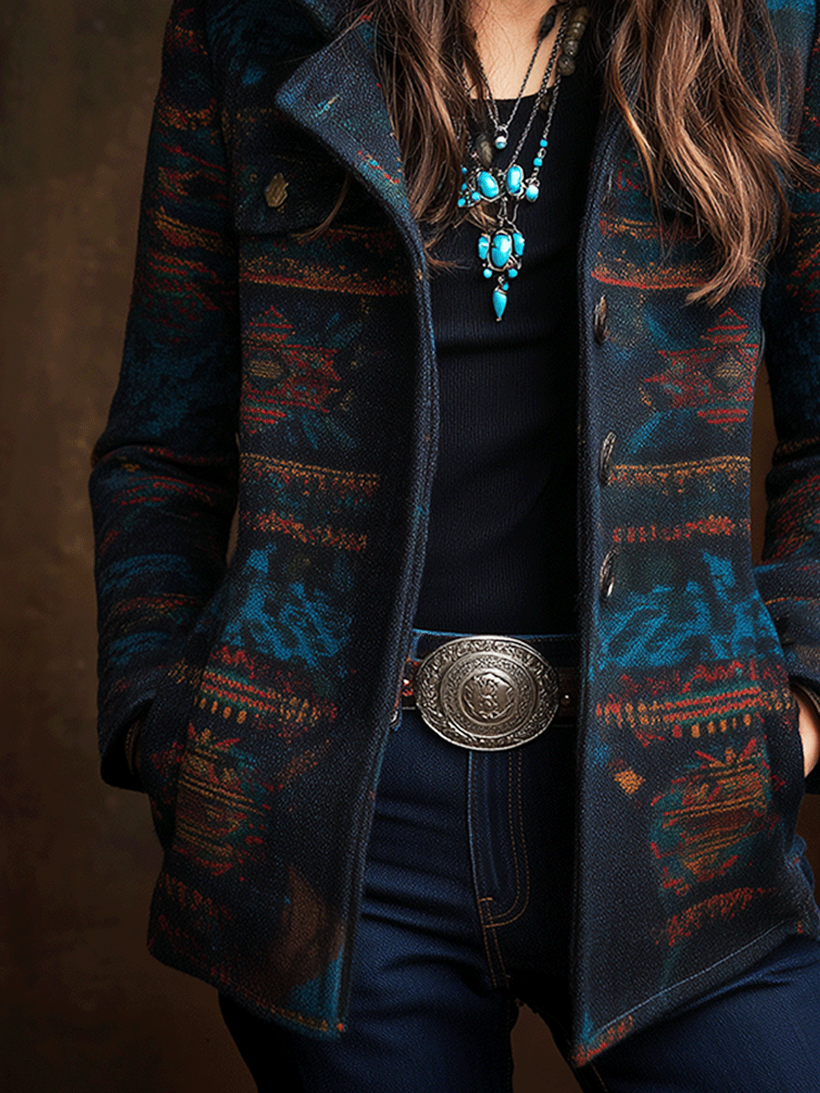 Retro Southwestern Geometric Print Wool Jacket