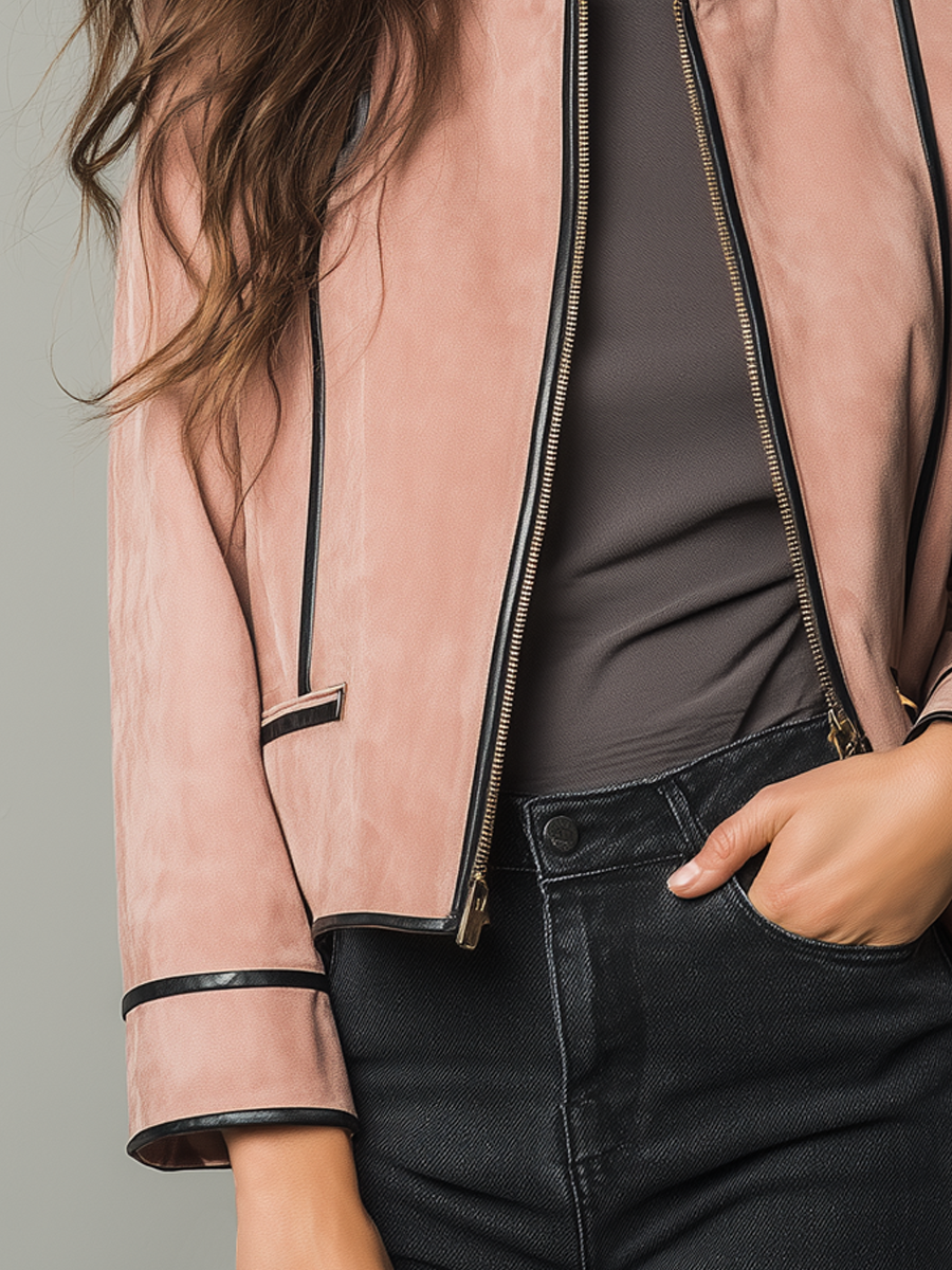 Retro Eco-friendly Leather Contrast Trim Suede Jacket