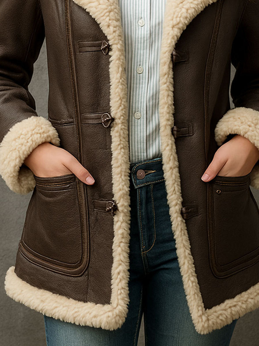 Lapel Brown Eco Leather Fleece Lined Mid-Length Coat With Pockets