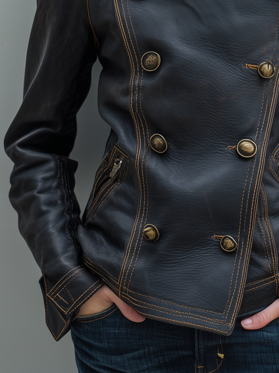 Retro Double-breasted Contrast Stitching Eco-friendly Leather Jacket