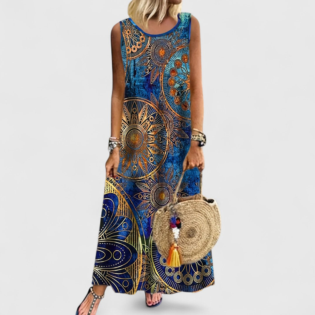Hemeraara - Sleeveless Print Tummy Covering Maxi Dress