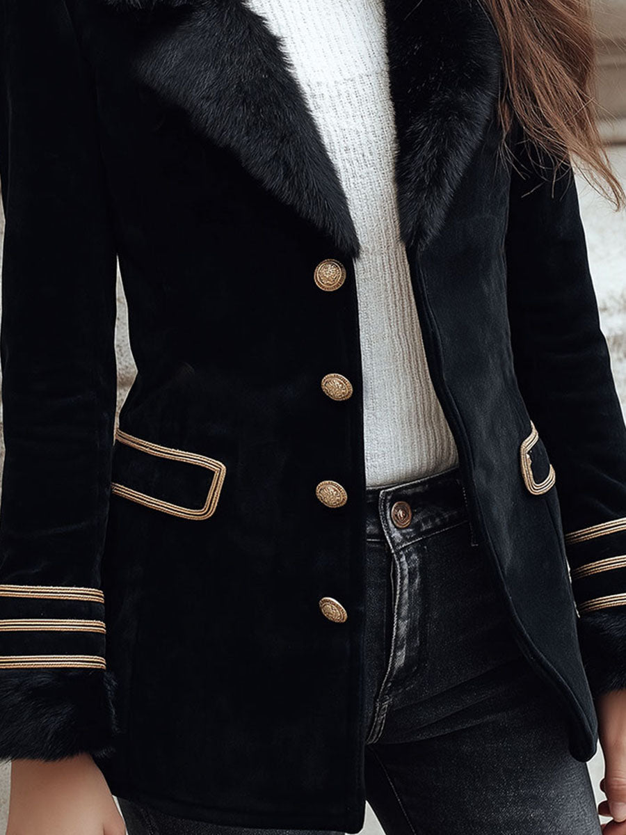 Vintage Black Suede Tailored Jacket With Eco Fur Trim