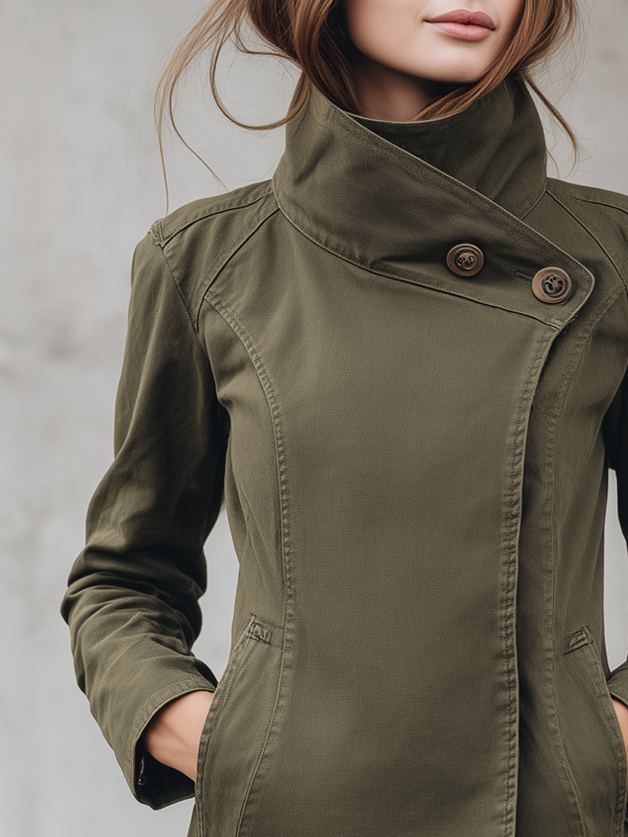 Olive Green High Neck Asymmetric Button Utility Jacket