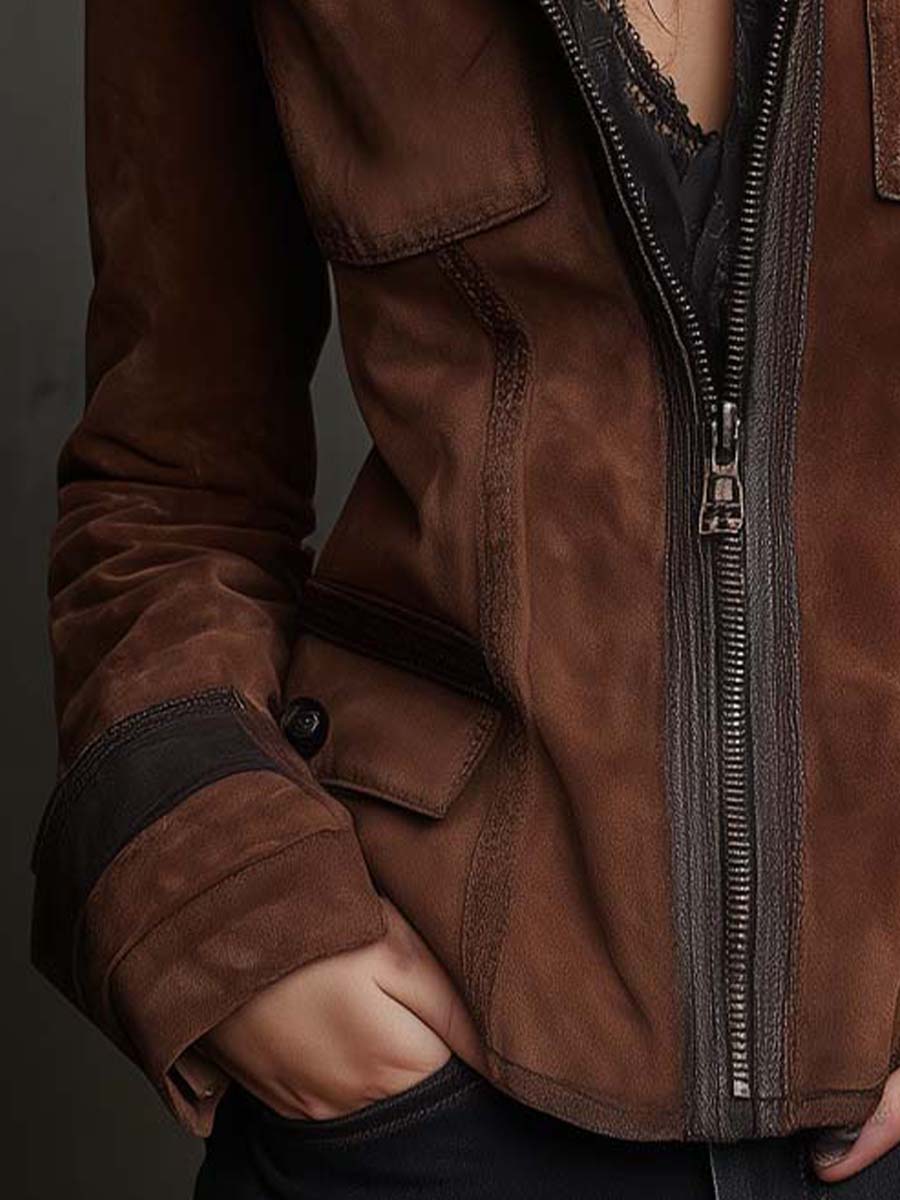 Vintage Brown Suede Jacket With Contrast Trim