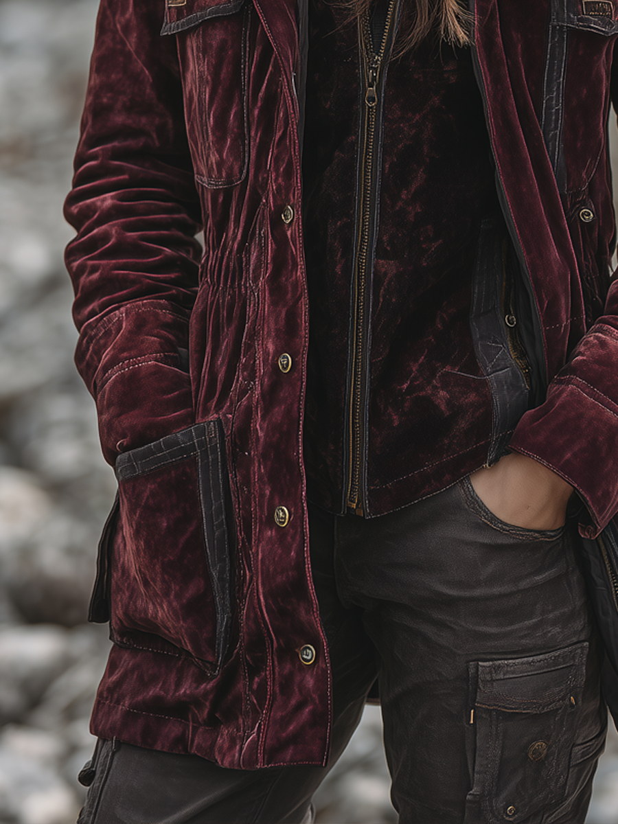 Vintage Contrast Trim Multi-pocket Velvet Cargo Jacket