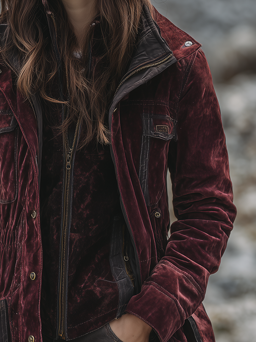 Vintage Contrast Trim Multi-pocket Velvet Cargo Jacket