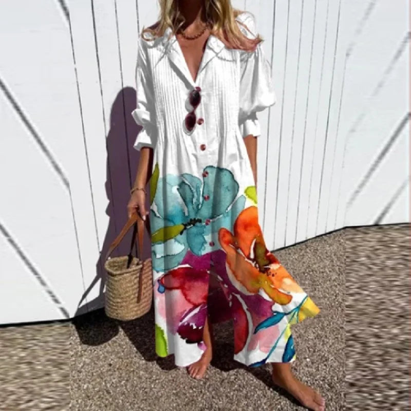 Thalassaia - Boho Maxi Dress With V Neck For Women