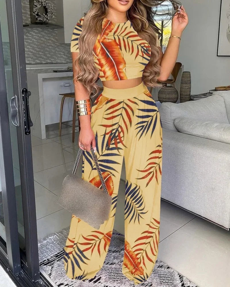 Women Print Pant Sets Two Piece Suit Round Neck Short Sleeve Tops Vests Wide Leg Trousers High Waist Pant Matching Sets Summer