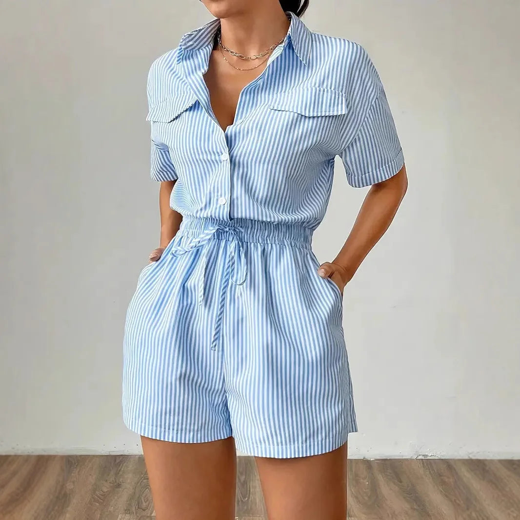 Striped Playsuits Women Jumpsuits Shorts One Piece Turn Down Collar Overalls Short Pants Rompers Y2k High Waist Jumpsuit 2025