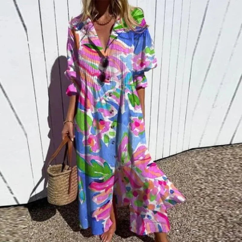 Thalassaia - Boho Maxi Dress With V Neck For Women