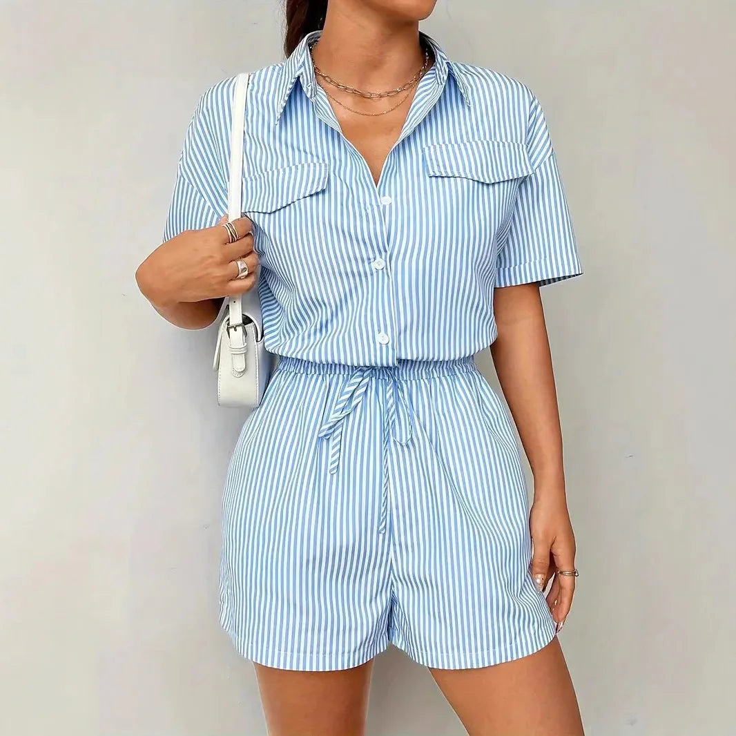 Striped Playsuits Women Jumpsuits Shorts One Piece Turn Down Collar Overalls Short Pants Rompers Y2k High Waist Jumpsuit 2025