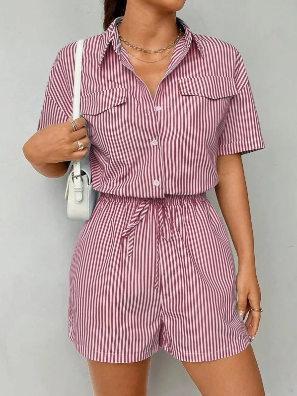 Striped Playsuits Women Jumpsuits Shorts One Piece Turn Down Collar Overalls Short Pants Rompers Y2k High Waist Jumpsuit 2025
