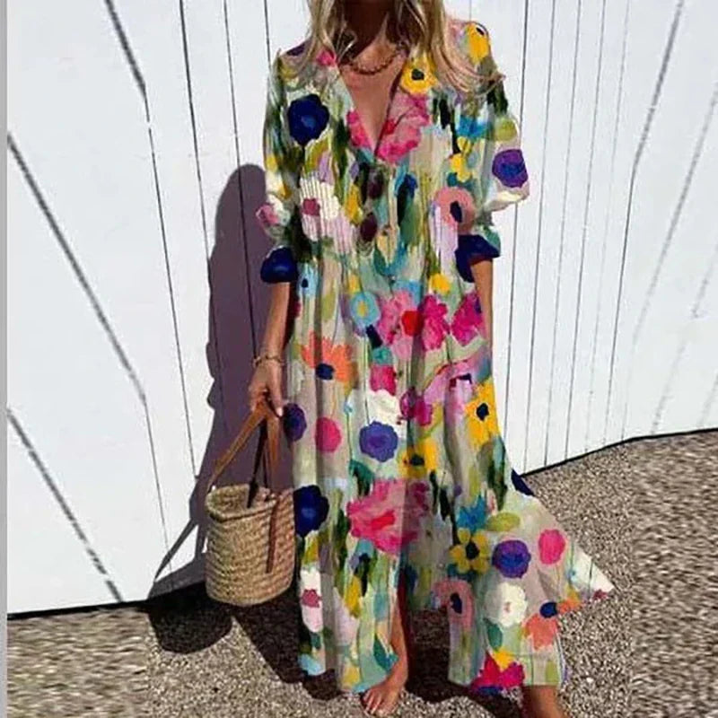 Thalassaia - Boho Maxi Dress With V Neck For Women