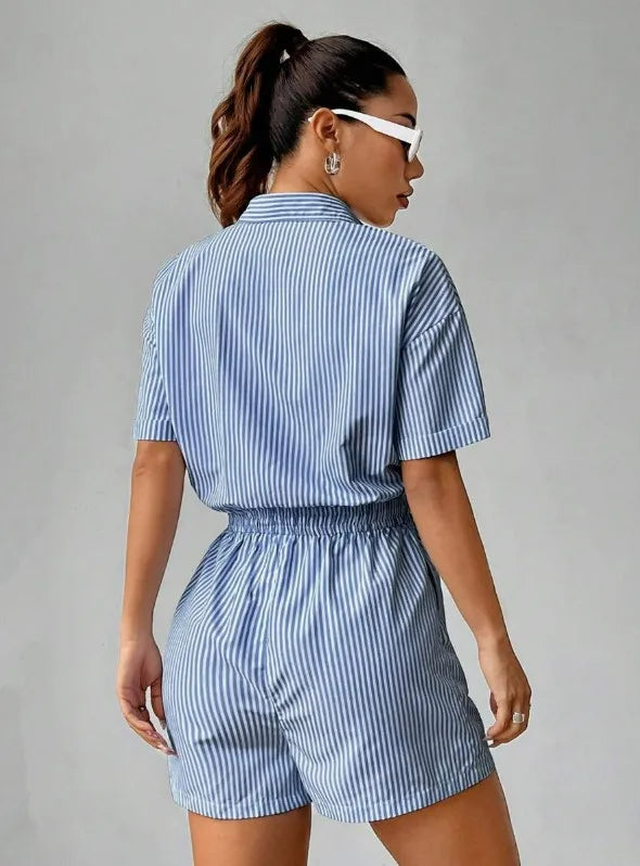 Striped Playsuits Women Jumpsuits Shorts One Piece Turn Down Collar Overalls Short Pants Rompers Y2k High Waist Jumpsuit 2025