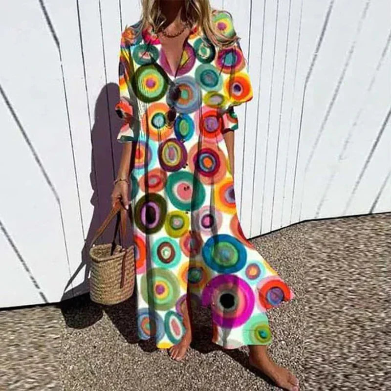 Thalassaia - Boho Maxi Dress With V Neck For Women