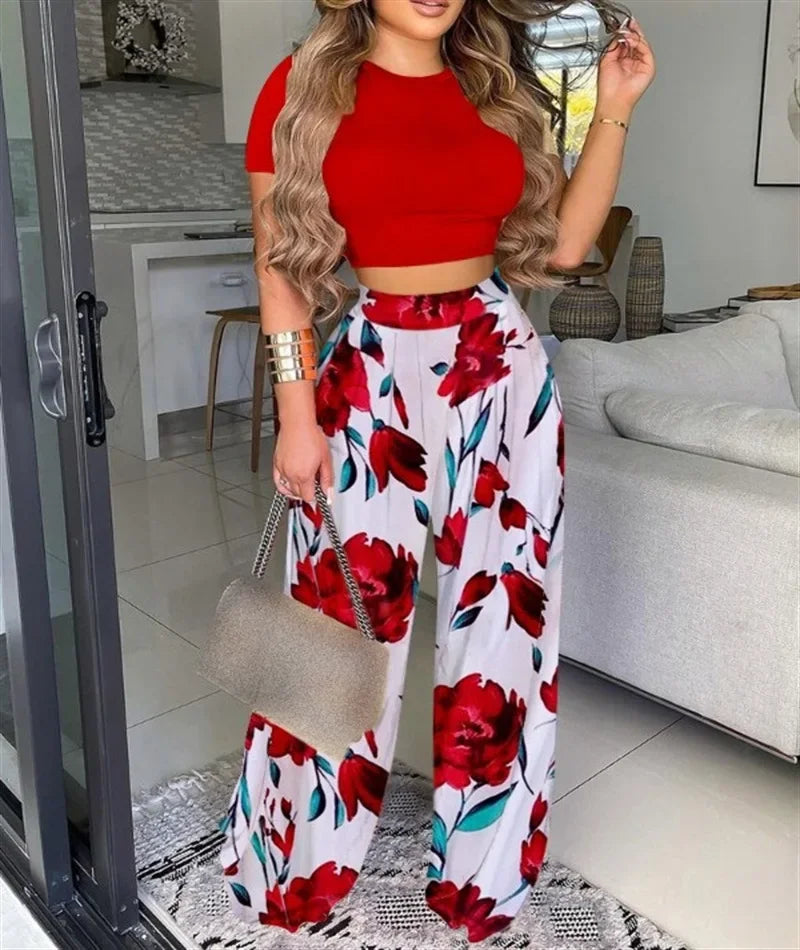 Women Print Pant Sets Two Piece Suit Round Neck Short Sleeve Tops Vests Wide Leg Trousers High Waist Pant Matching Sets Summer