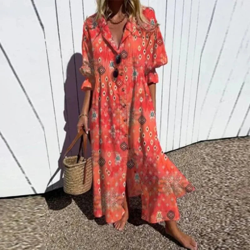 Thalassaia - Boho Maxi Dress With V Neck For Women