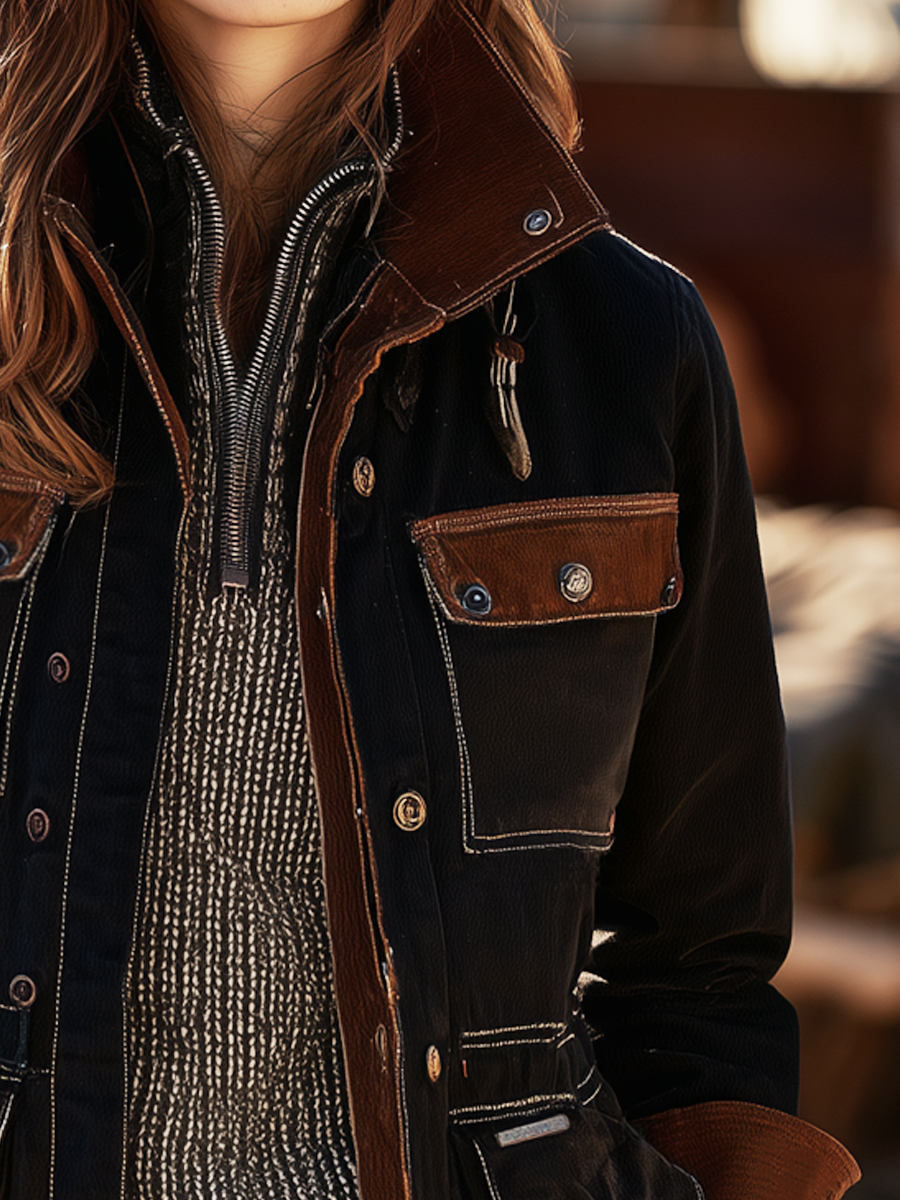 Retro Contrast Color Trim Multi-pocket Workwear Jacket