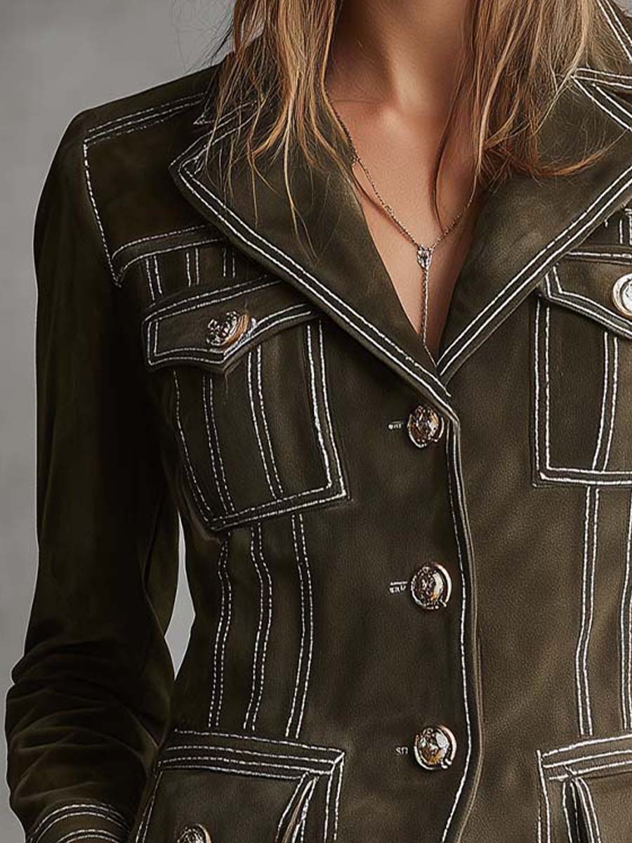 Olive Green Suede Tailored Jacket With Contrast Stitching