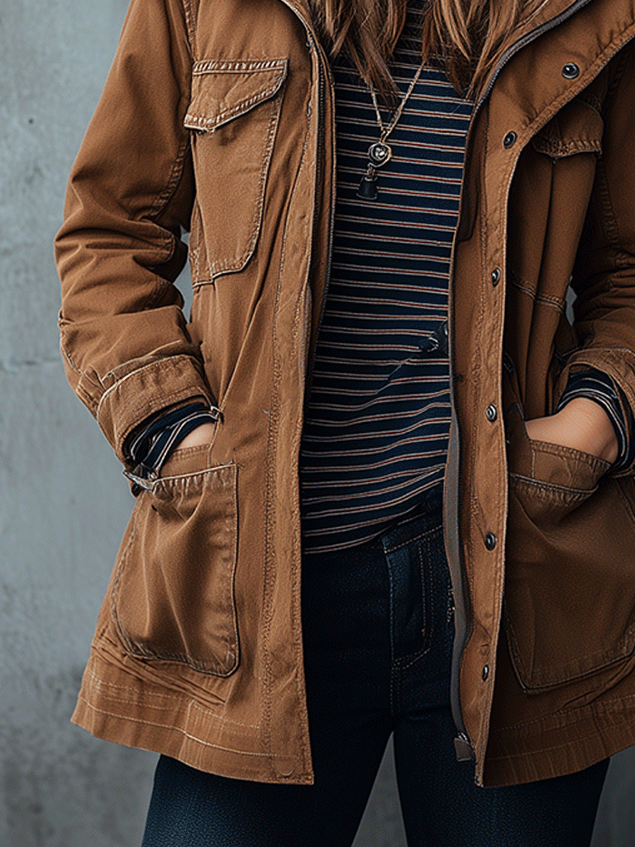 Retro Casual Outdoor Caramel Brown Utility Parka Hooded Jacket