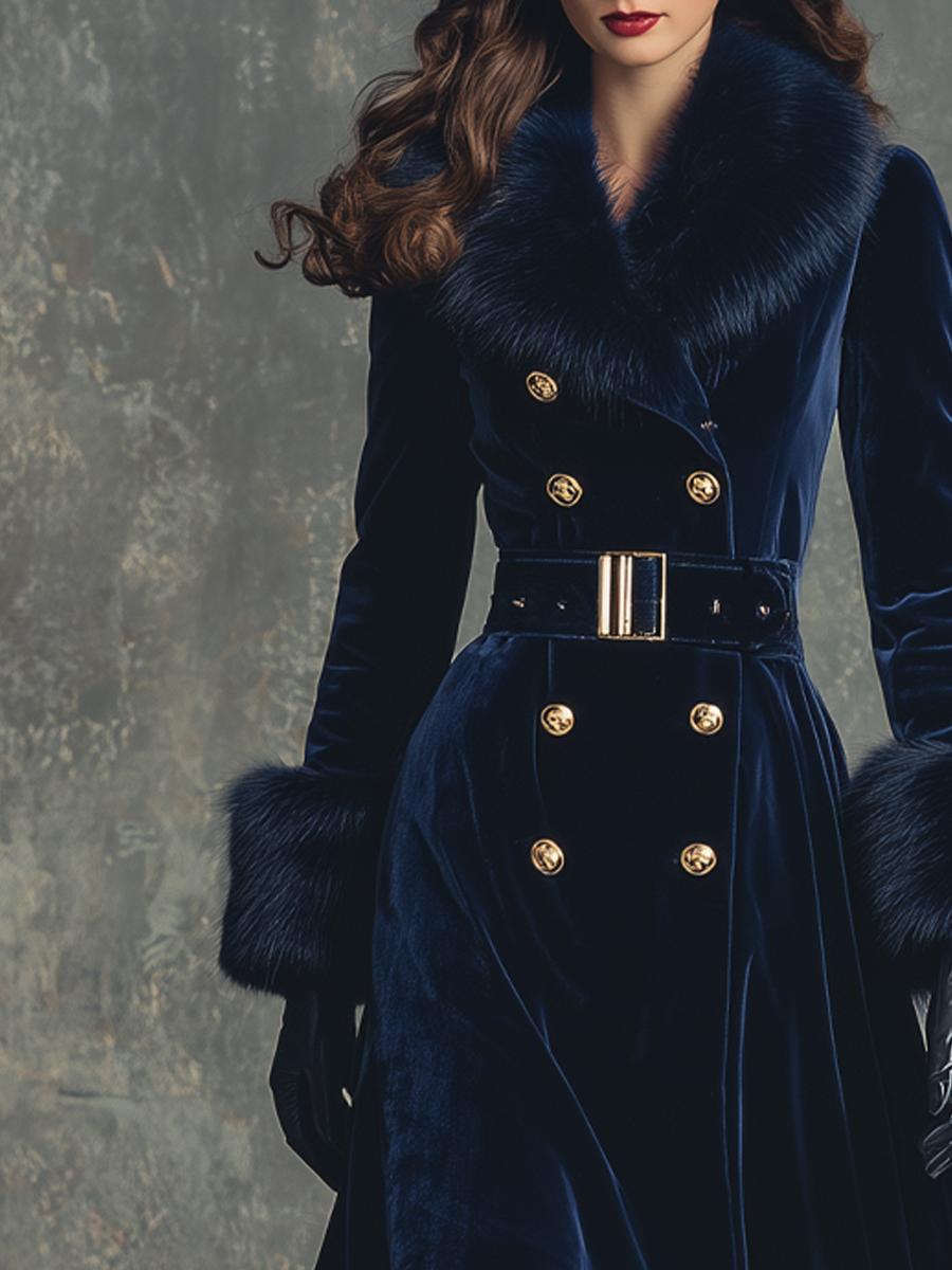Retro Buttons Fur Collar Velvet Coat