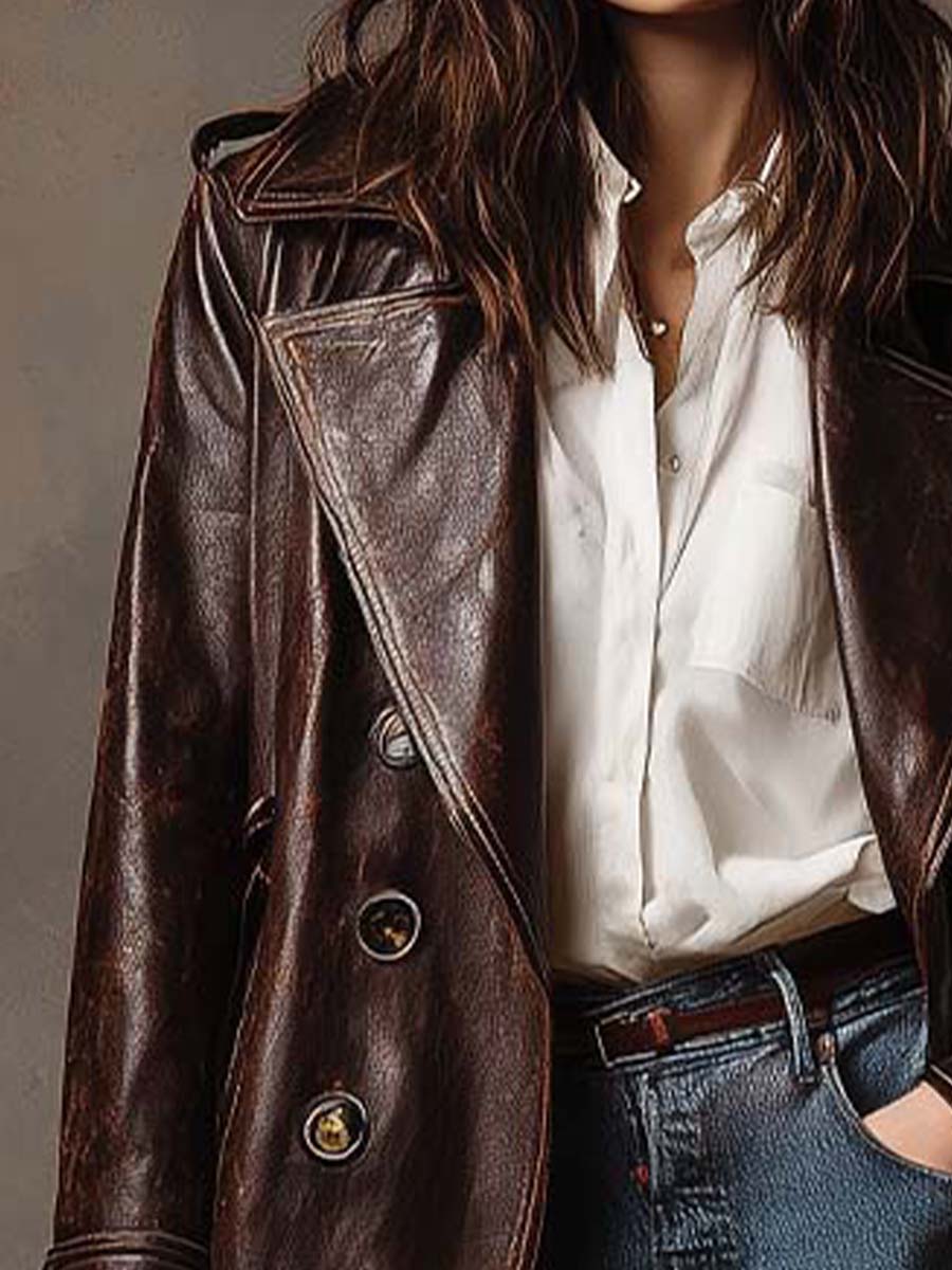 Vintage Brown Leather Trench Coat