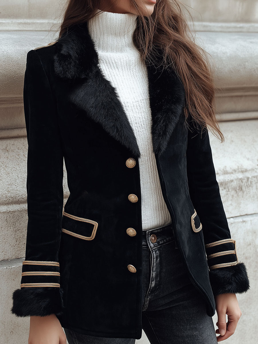 Vintage Black Suede Tailored Jacket With Eco Fur Trim