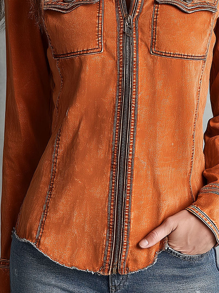 Vintage Burnt Orange Utility Zip Denim Jacket