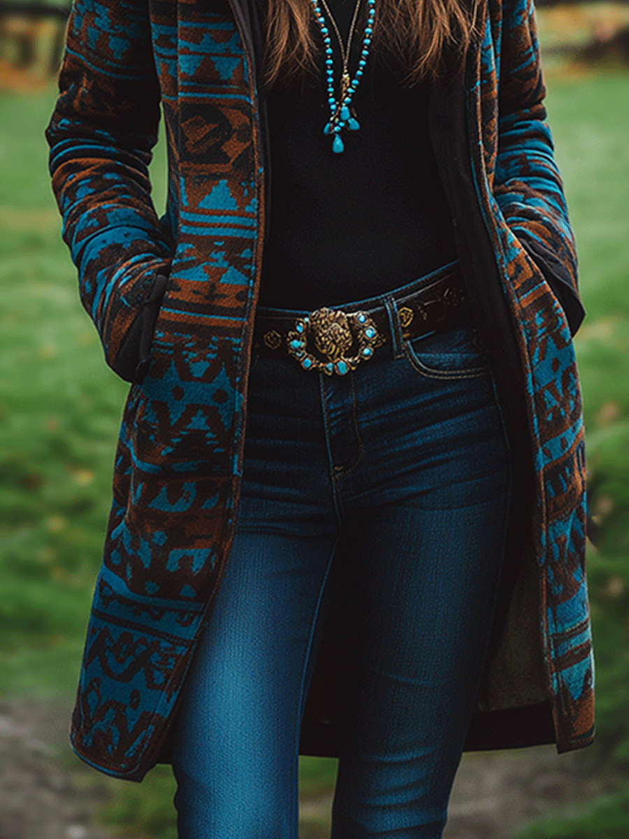 Retro Boho Longline Tribal Print Wool Long  Coat