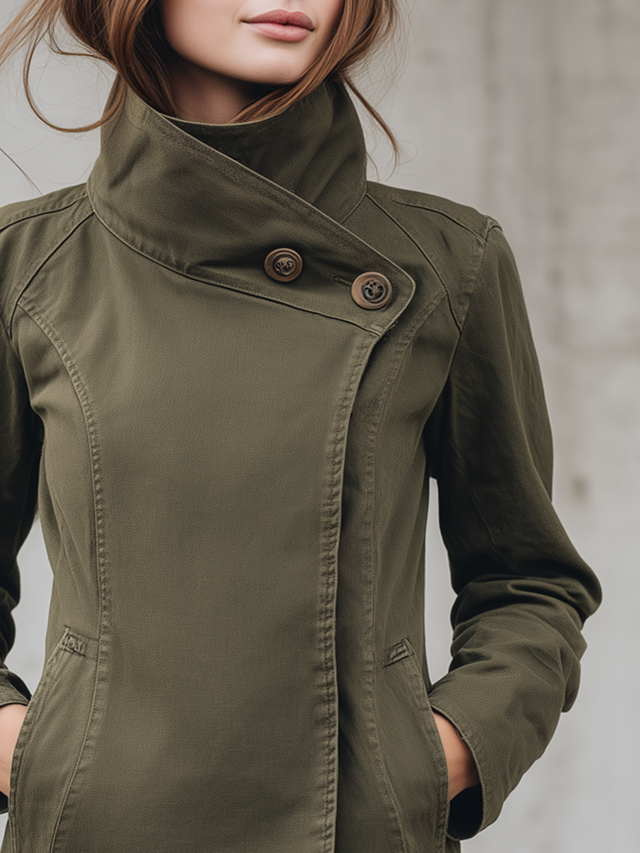 Olive Green High Neck Asymmetric Button Utility Jacket