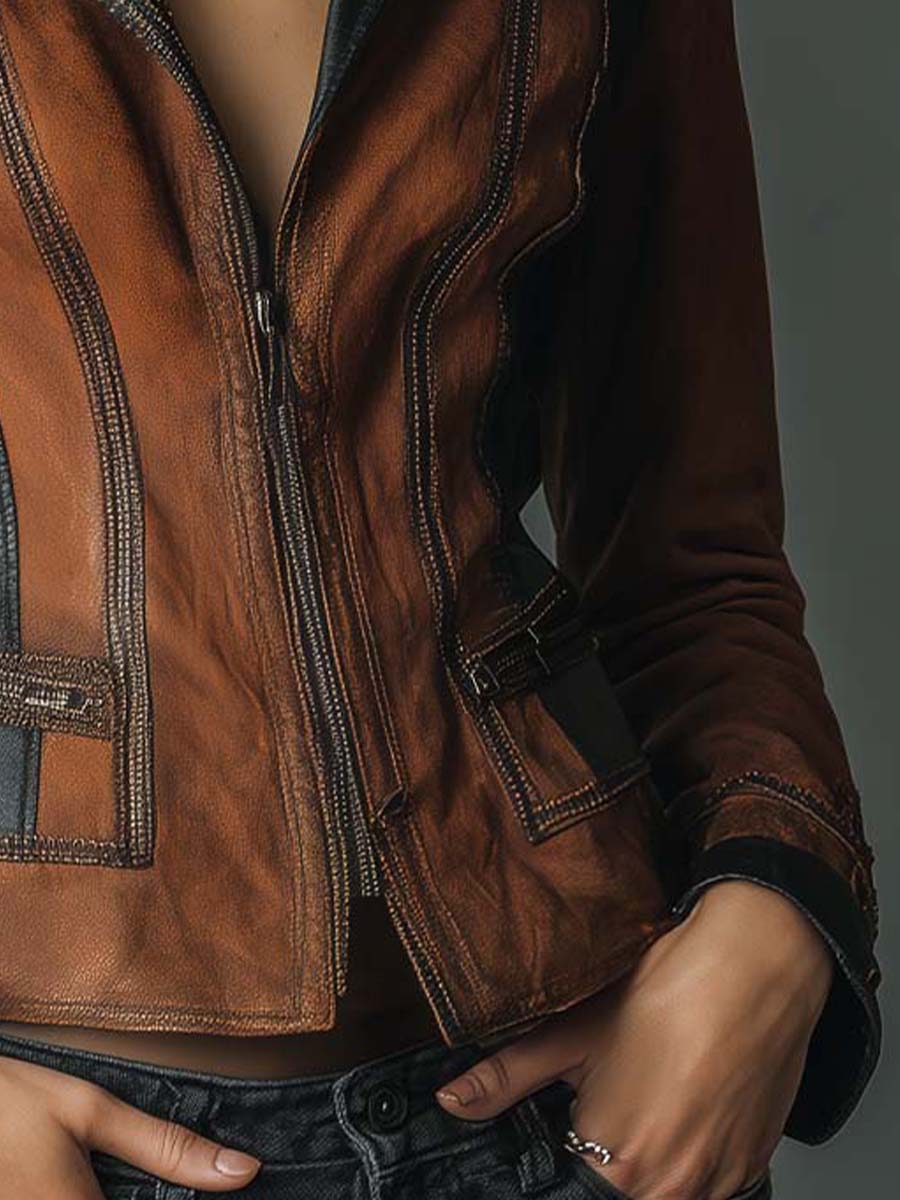 Vintage Brown & Black Contrast Leather Moto Jacket