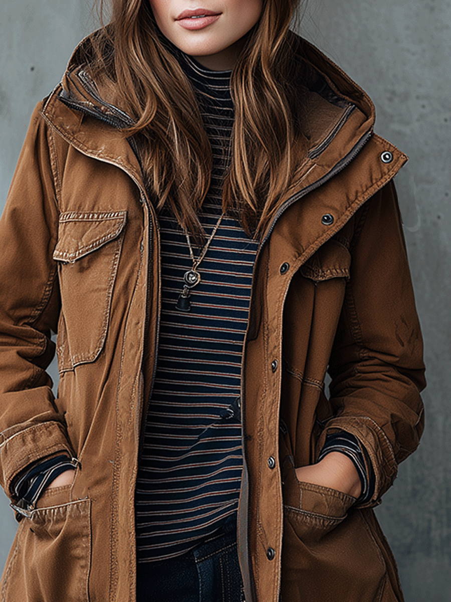 Retro Casual Outdoor Caramel Brown Utility Parka Hooded Jacket