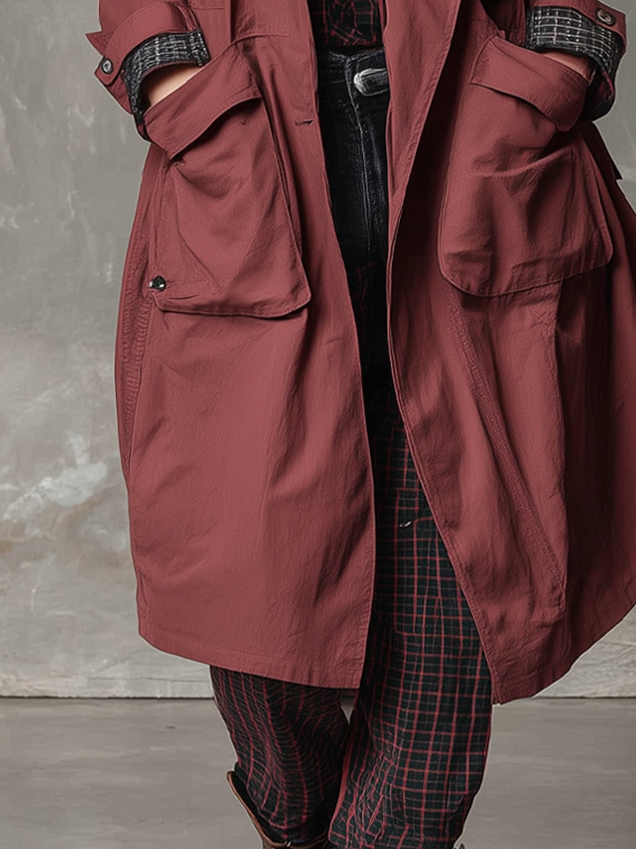 Retro Plaid Collar Multi-pocket Cargo Coat