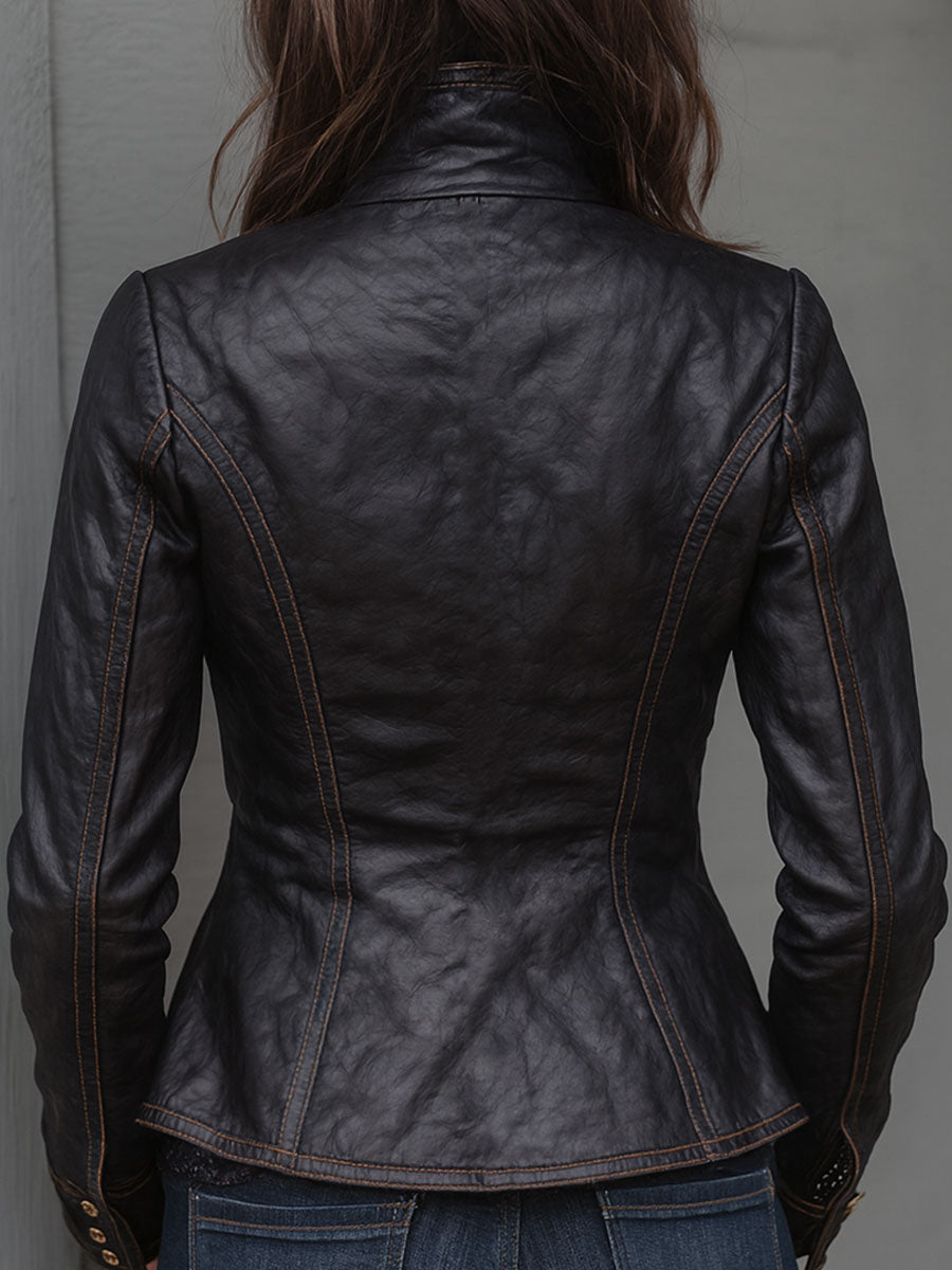 Retro Stand Collar Metal Button Pu Jacket