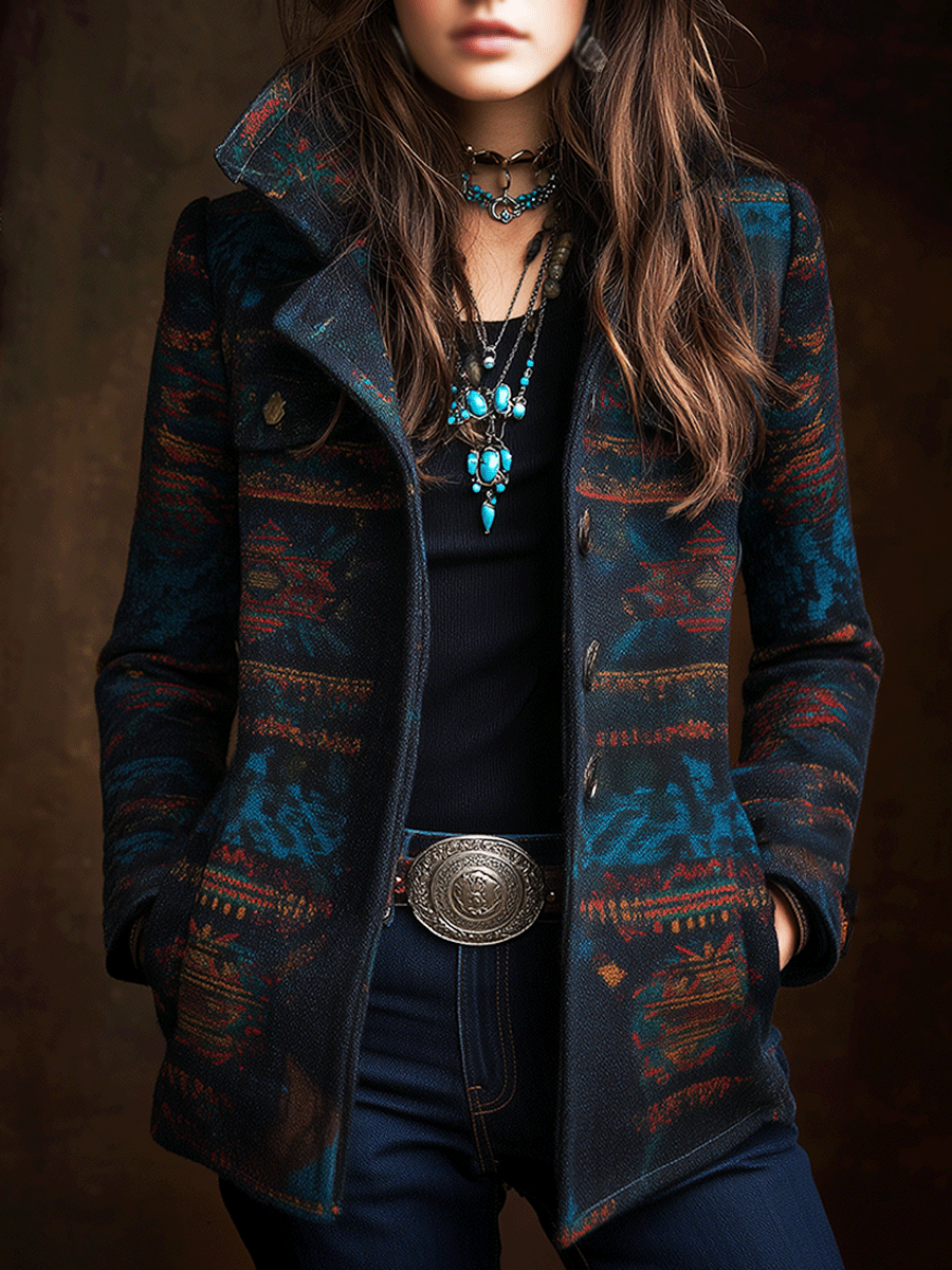 Retro Southwestern Geometric Print Wool Jacket