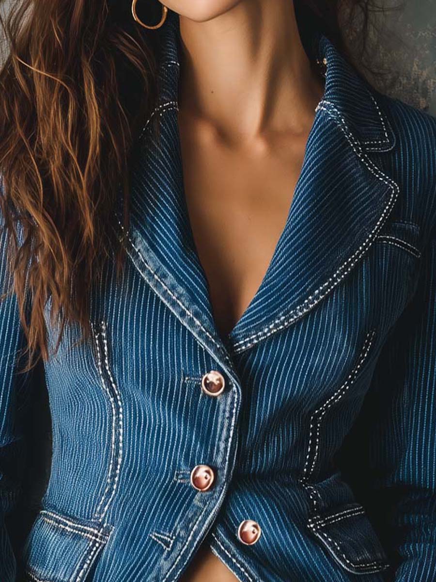 Vintage Blue Pinstripe Denim Fitted Blazer