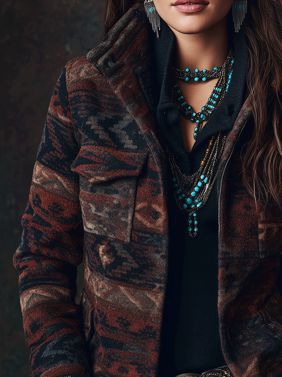 Retro Boho Geometric Print Cargo Wool Short Jacket