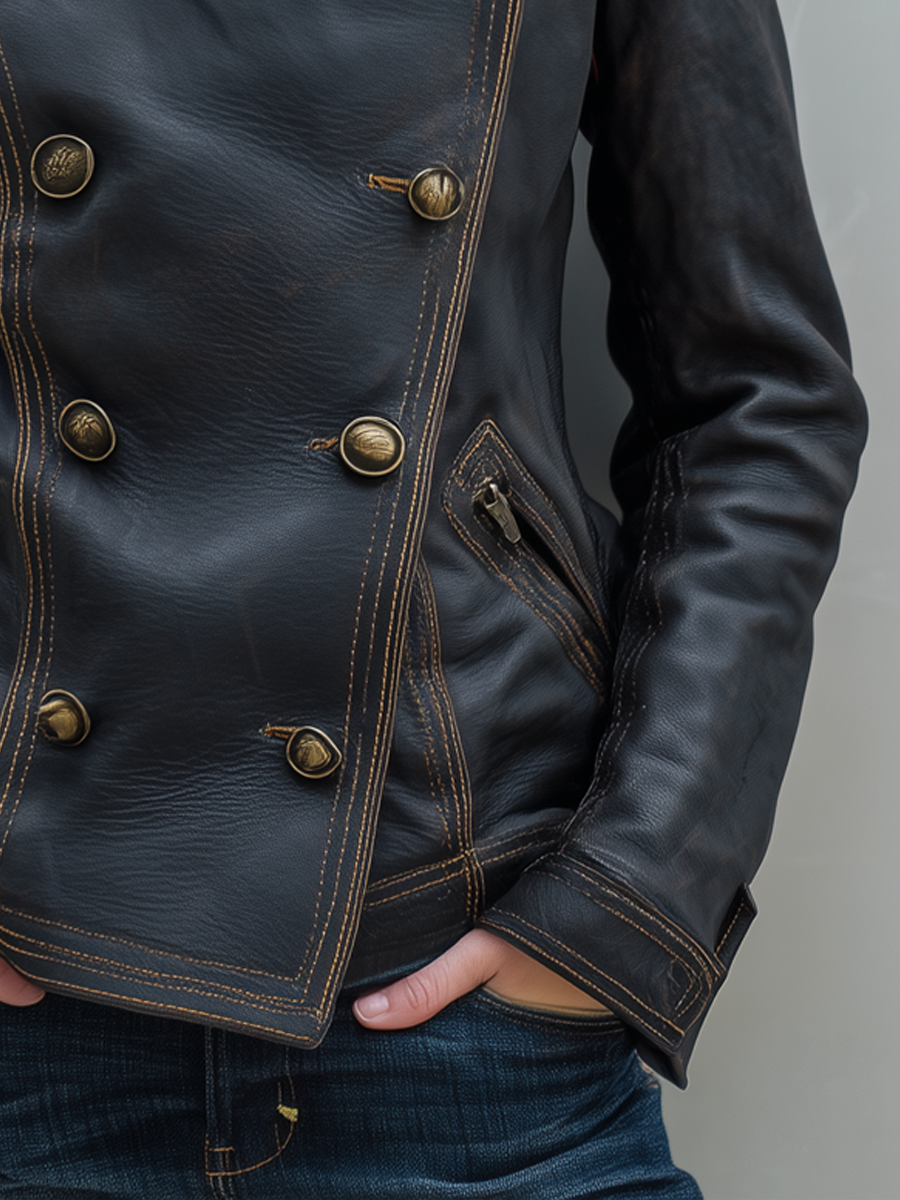 Retro Double-breasted Contrast Stitching Eco-friendly Leather Jacket