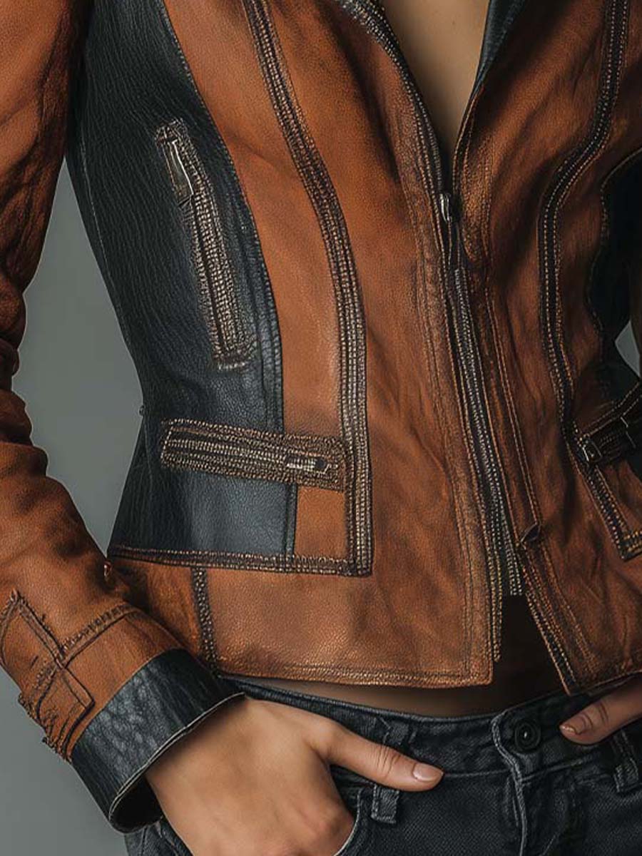 Vintage Brown & Black Contrast Leather Moto Jacket