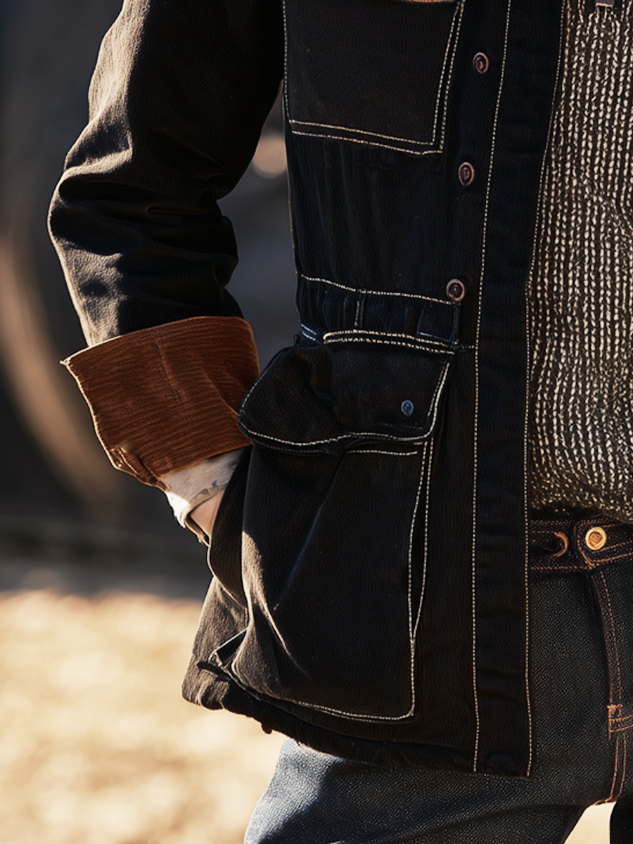 Retro Contrast Color Trim Multi-pocket Workwear Jacket