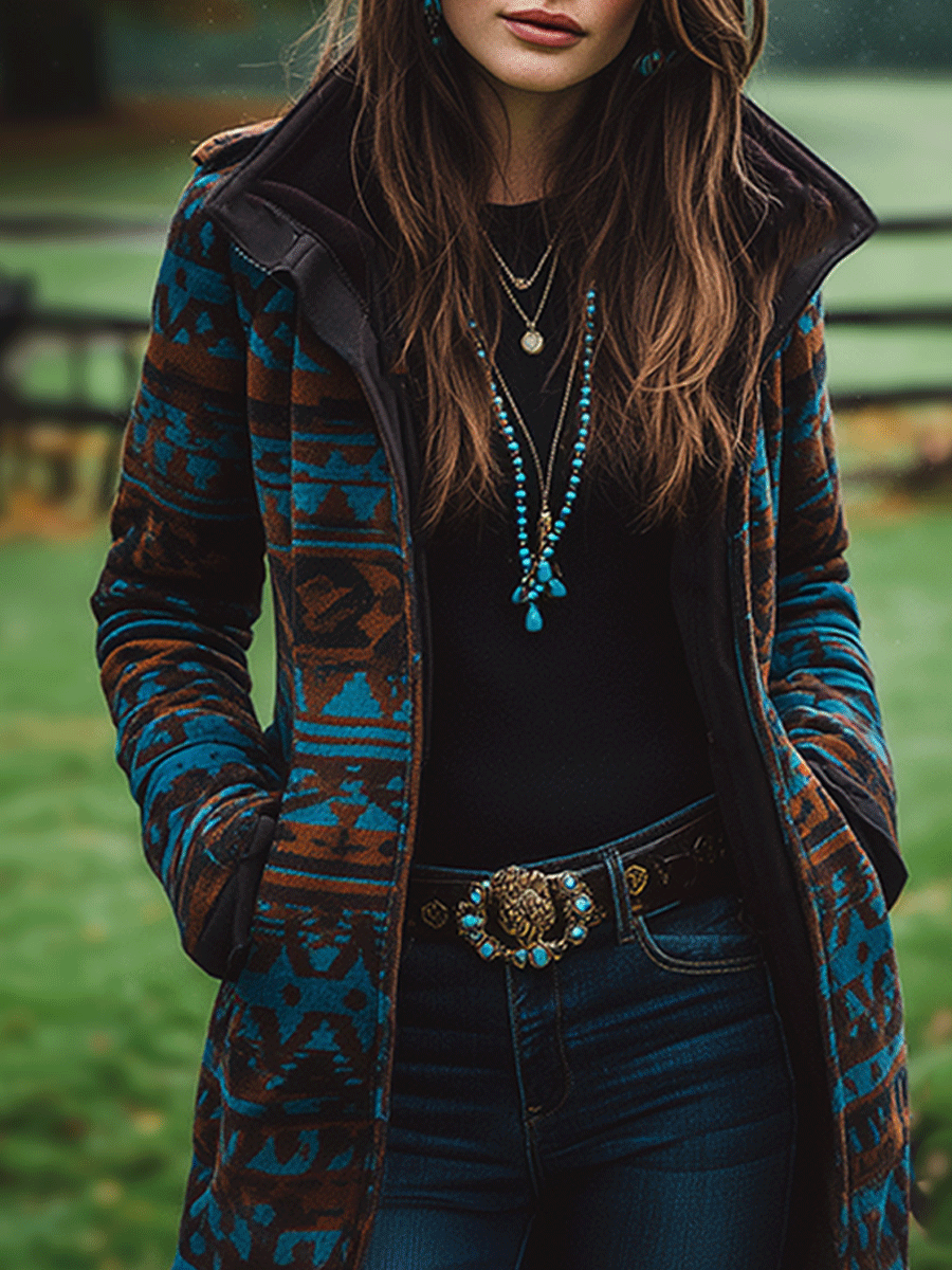 Retro Boho Longline Tribal Print Wool Long  Coat