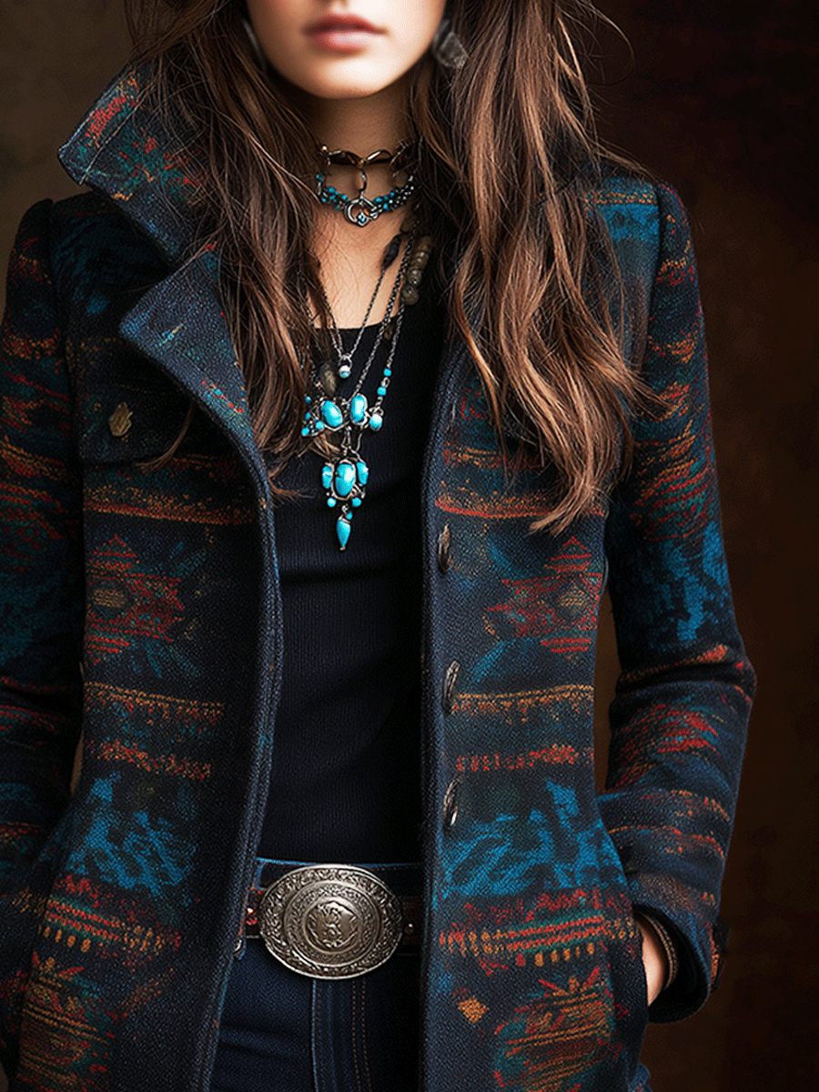 Retro Southwestern Geometric Print Wool Jacket