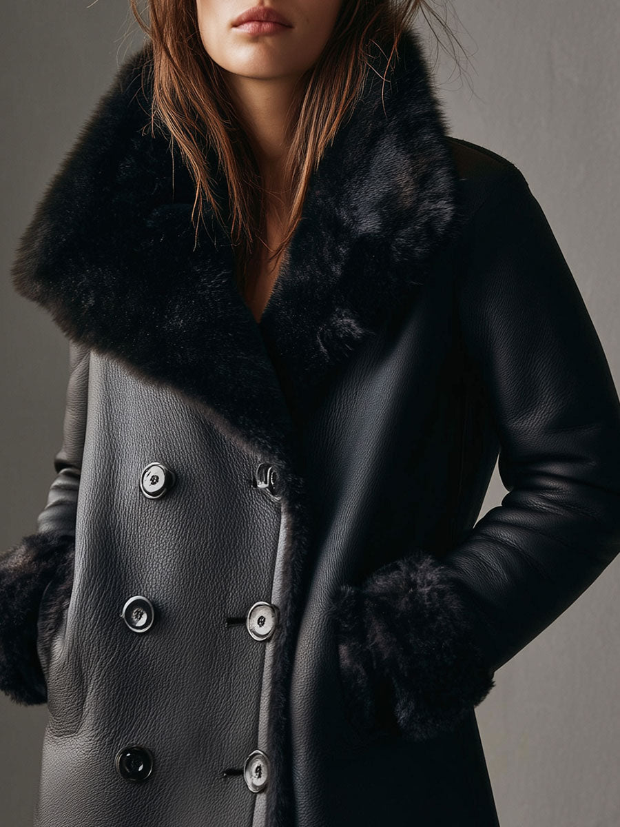 Old Money Style High Collar Eco-friendly Leather Double-breasted Straight Jacket