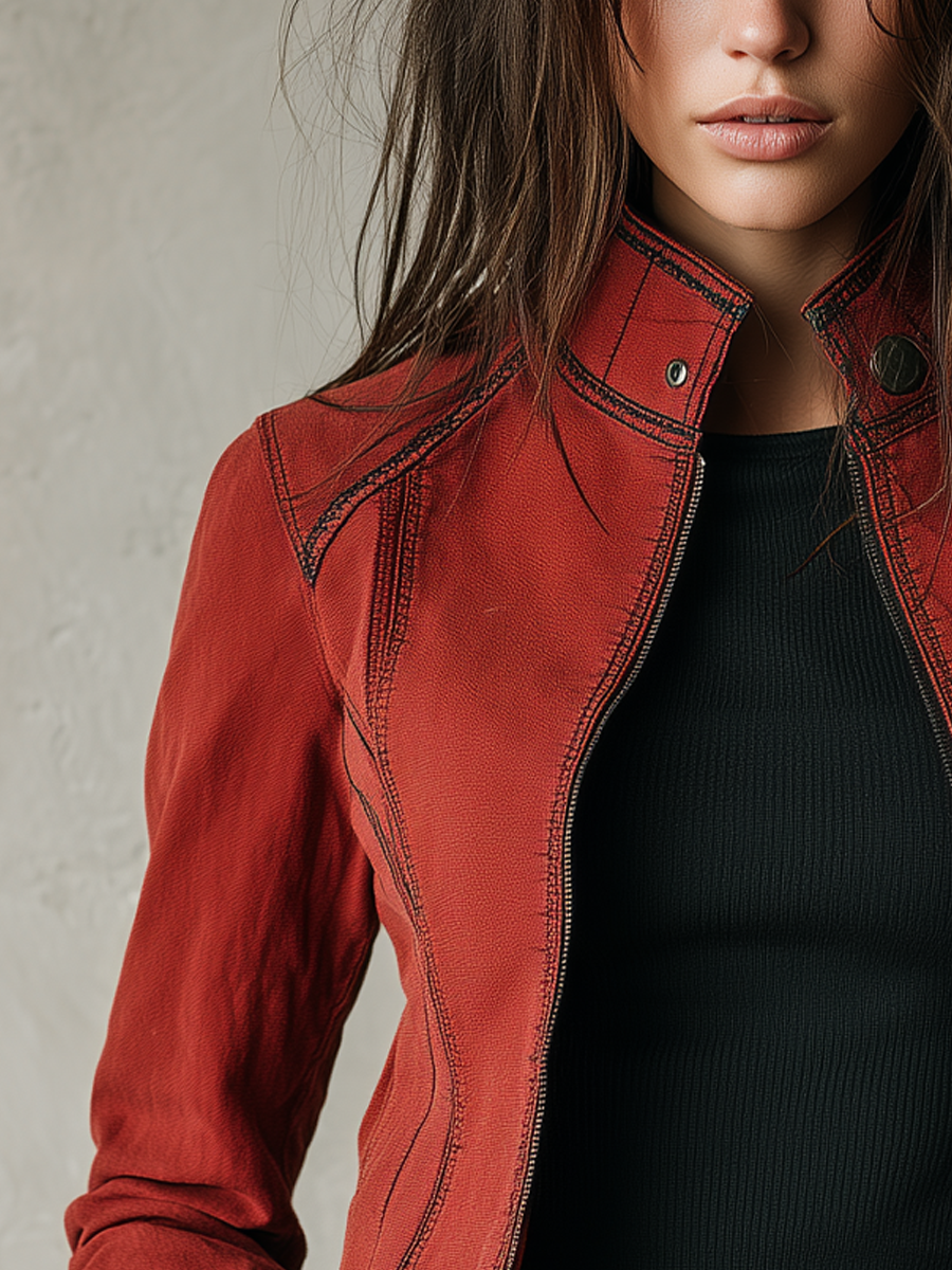 Retro Stand Collar Contrast Stitching Zipper Distressed Jacket