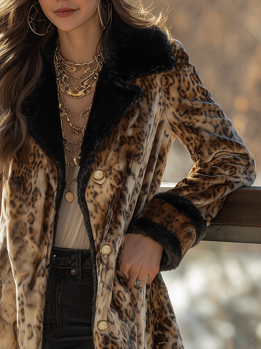 Retro Contrast Trim Leopard Print Velvet Jacket