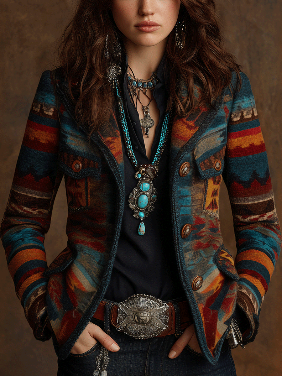 Retro Southwest Geometric Print And Tailored Fit Jacket